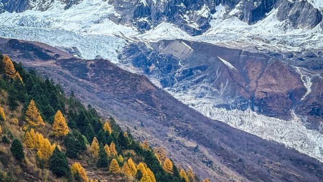 The Manaslu range glowing gold at sunset in autumn, Nepal