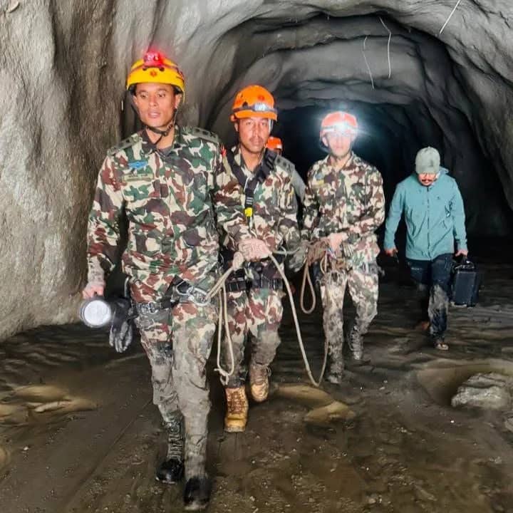 Nepal Army rescue team inside the Rasuwagadhi hydropower tunnel