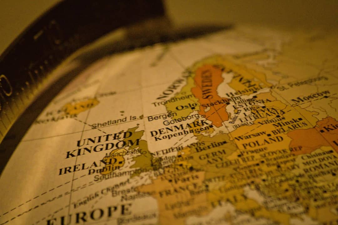 Close-up of a vintage globe showing europe