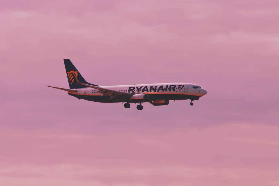 Ryanair airplane flying against a pink sky backdrop, symbolizing travel and aviation.