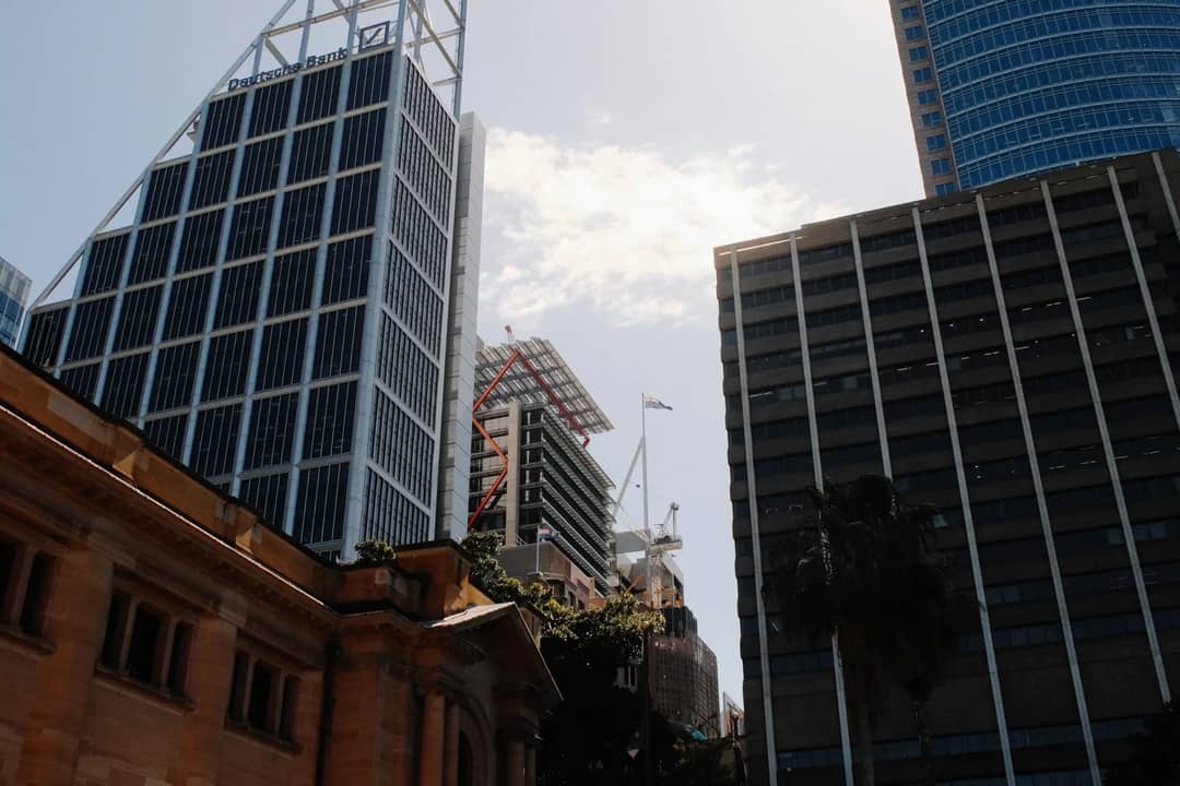 Impressive skyscrapers in Sydney's business district on a sunny day.