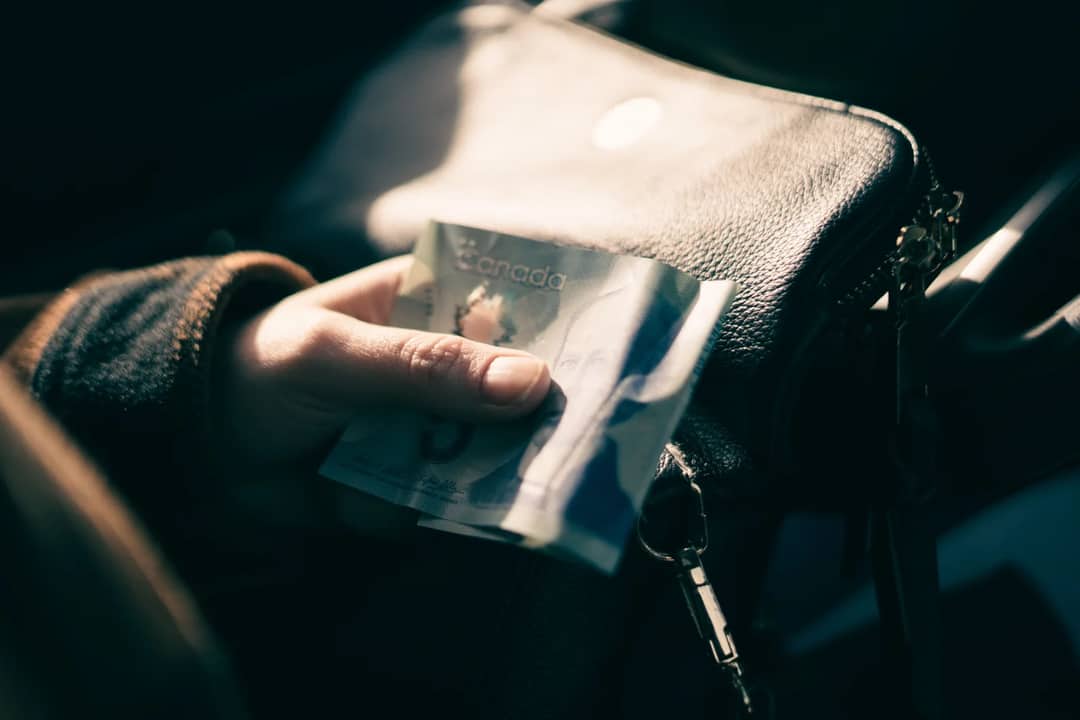 A person holding a Canadian five-dollar bill close to a leather handbag, showcasing financial transactions.