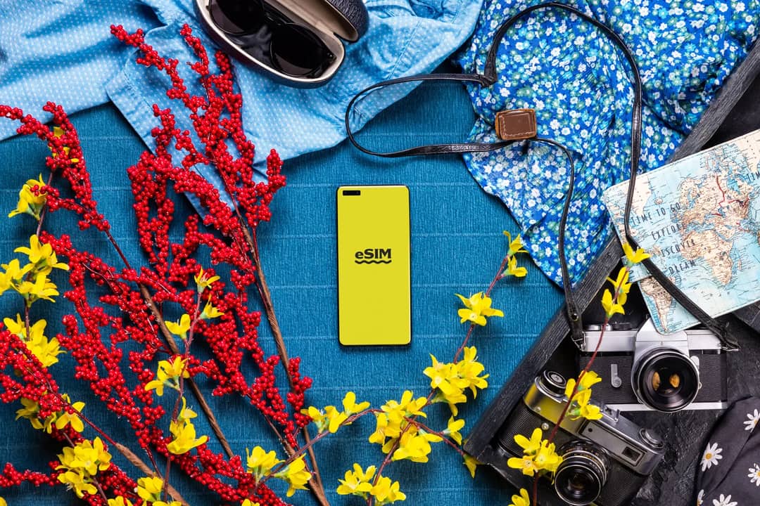 Flat lay of travel essentials including smartphone, camera, and vibrant flowers on a colorful background.