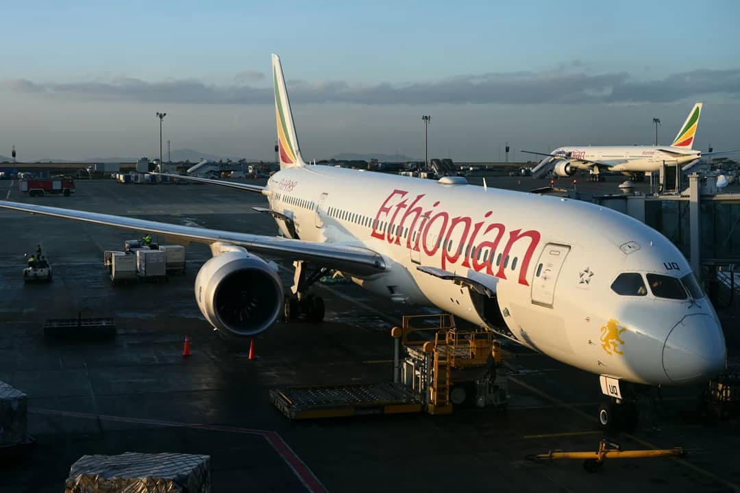 Ethiopian Airlines Boeing 787 parked at Bole International Airport, Addis Ababa.