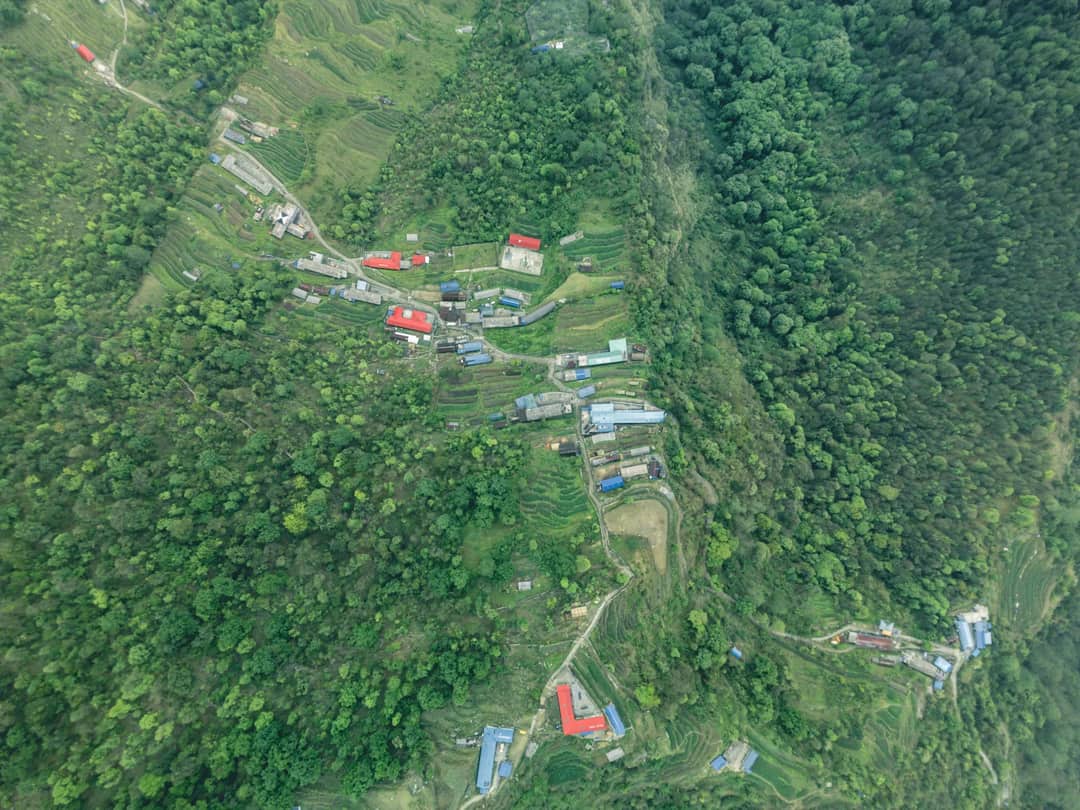Stunning aerial view of Ghandruk village and lush greenery in Nepal.