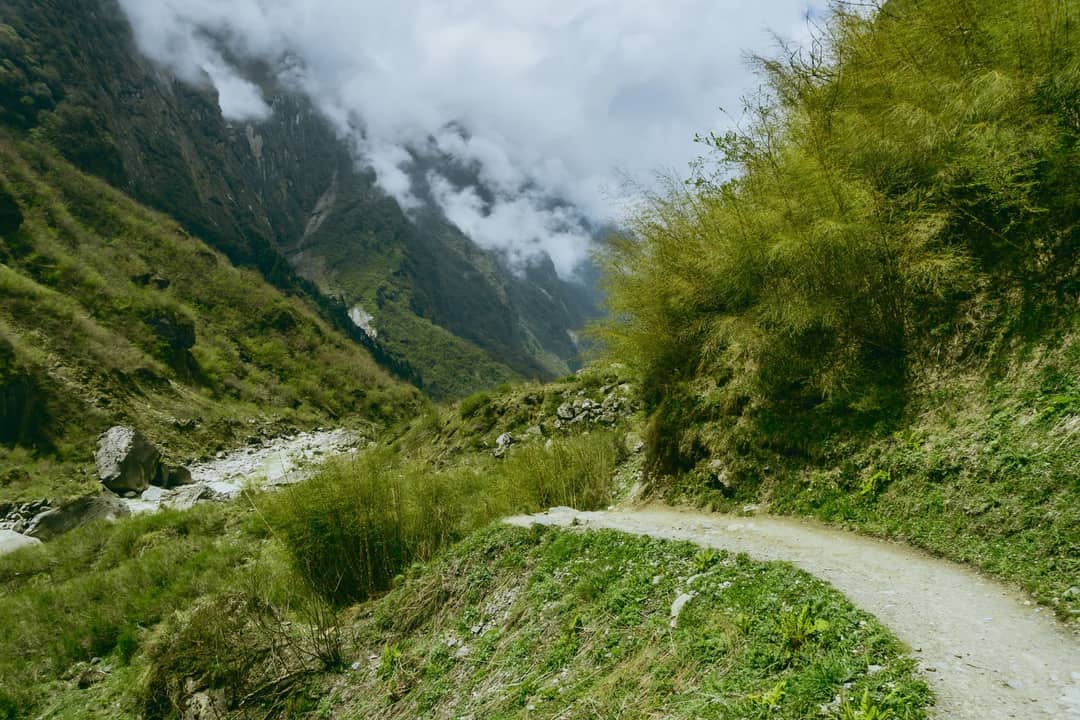 Serene mountain landscape with a winding path and dense greenery in a tranquil valley.