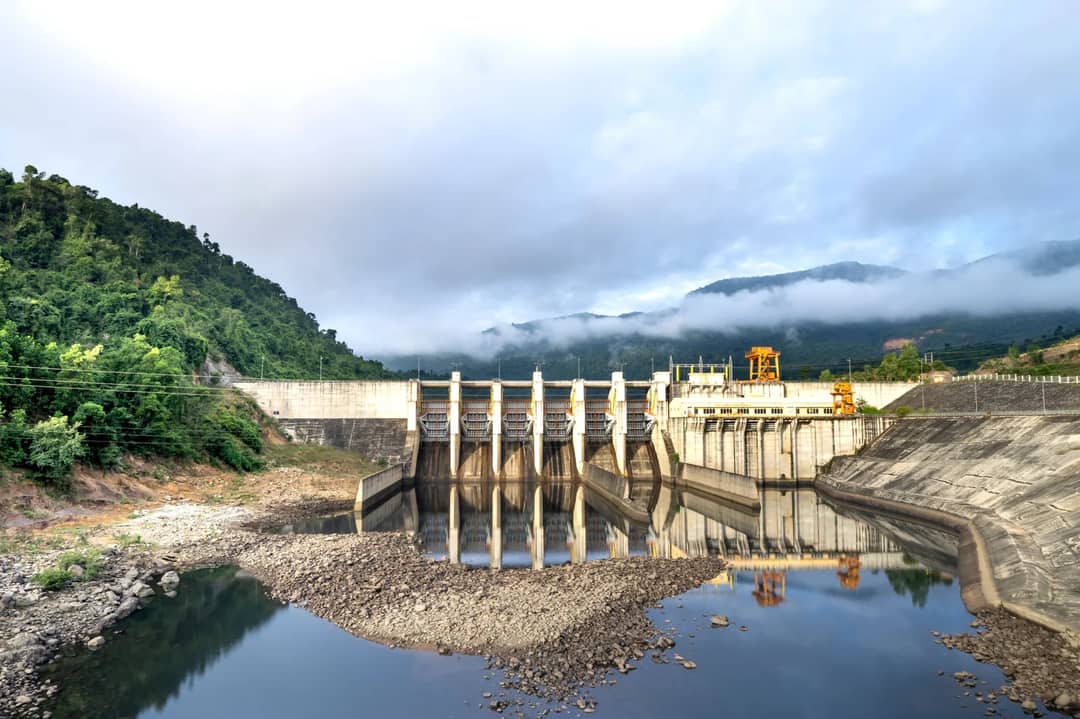 The spillway of a hydropower dam on a river
