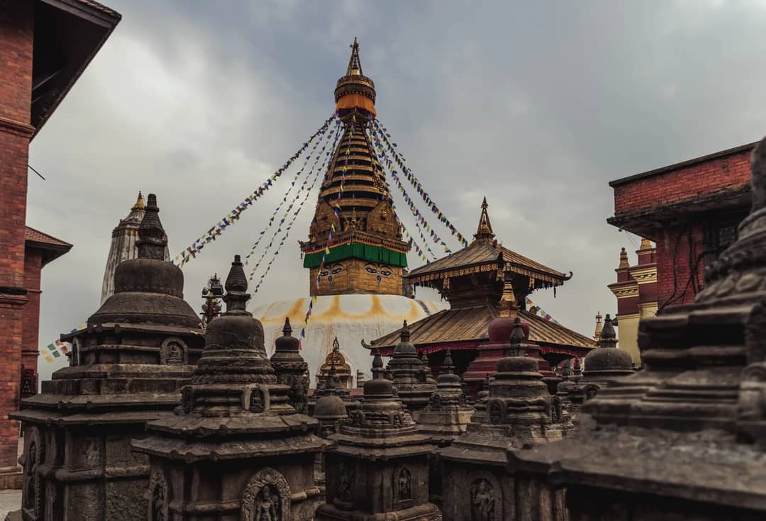 Swayambhunath Stupa in Kathmandu with prayer flags