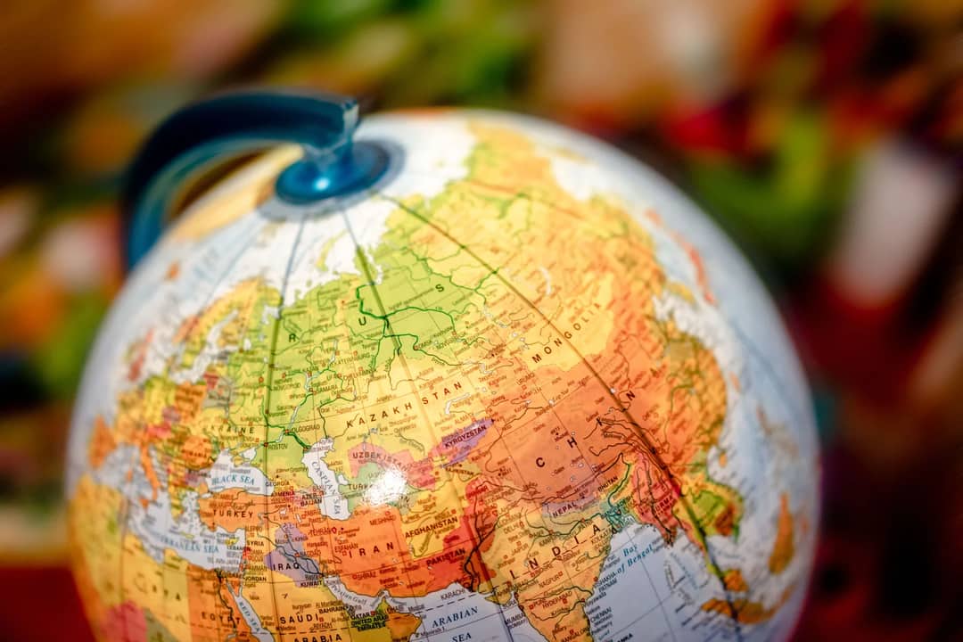 A globe showing the Eurasian continent