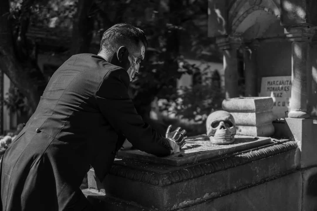 Catrin figure in graveyard for Day of the Dead celebration in Mexico City.