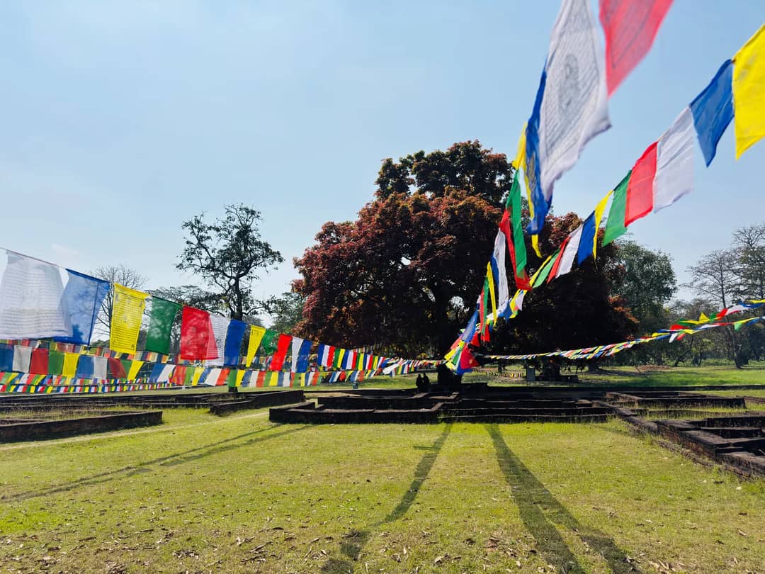 Vibrant prayer flags fluttering in Butwal, Nepal, capturing the spirituality and tranquility of the outdoors.