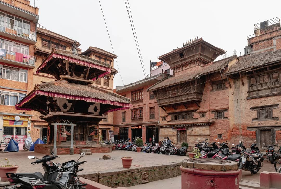 Traditional Newari architecture in Patan Durbar Square, Kathmandu, Nepal, showcasing cultural heritage.