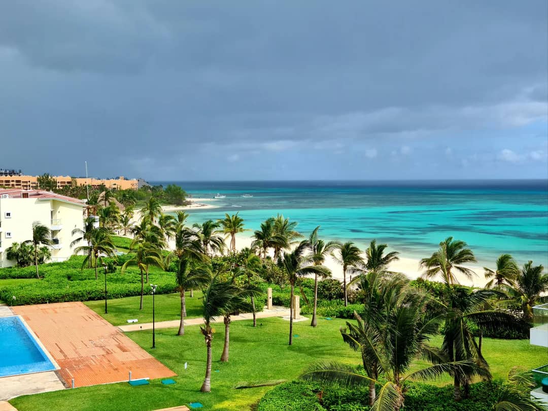 A beach resort with palm trees