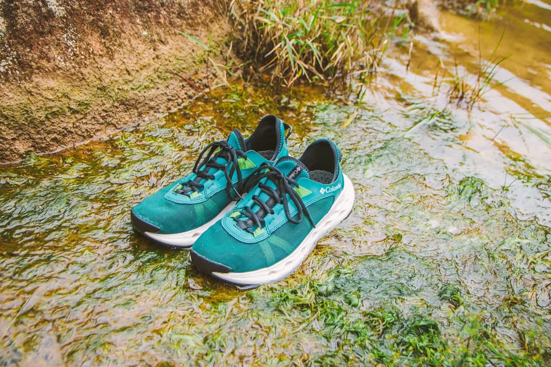 A pair of low trail shoes — lighter, cheaper, and enough footwear for a lodge trek when somebody else carries the load