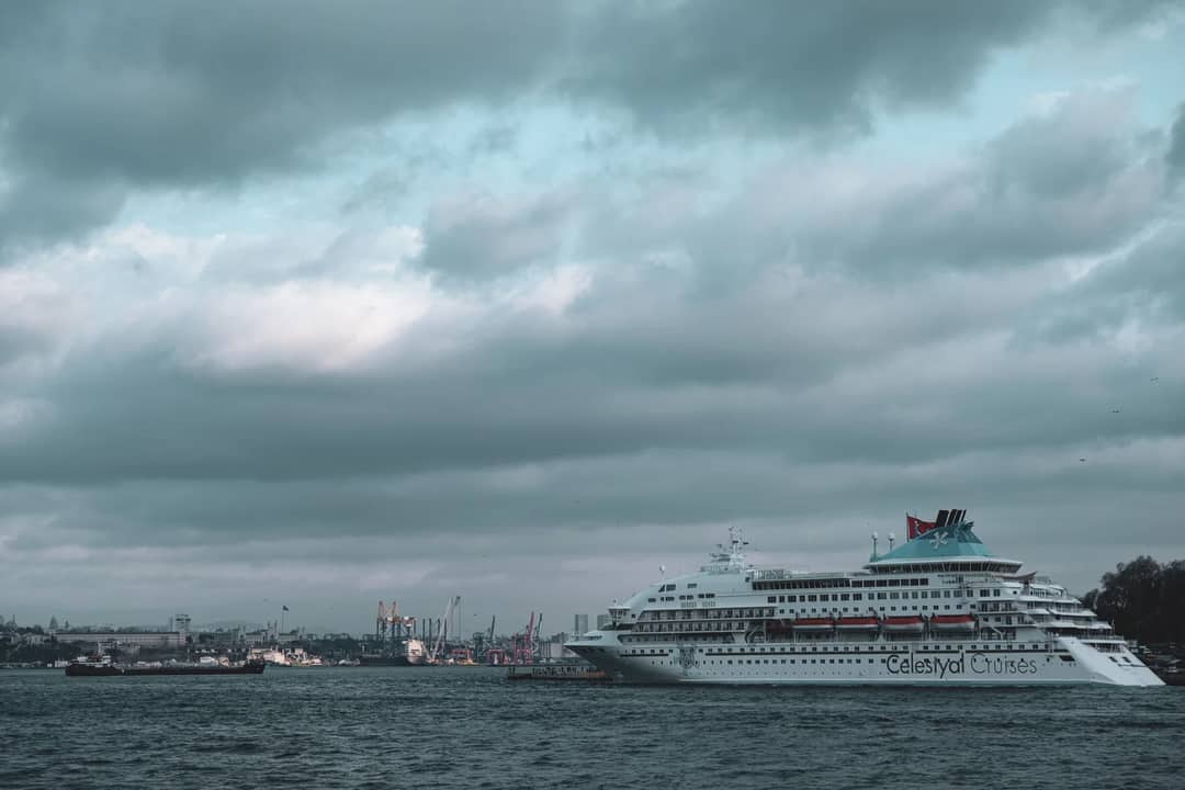 A cruise ship docked in port