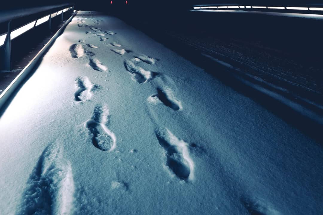 Footprints pressed into fresh snow