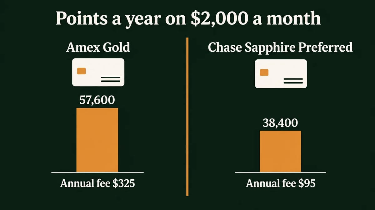 Infographic: points a year on $2,000 a month. Amex Gold 57,600 points, annual fee $325; Chase Sapphire Preferred 38,400 points, annual fee $95.