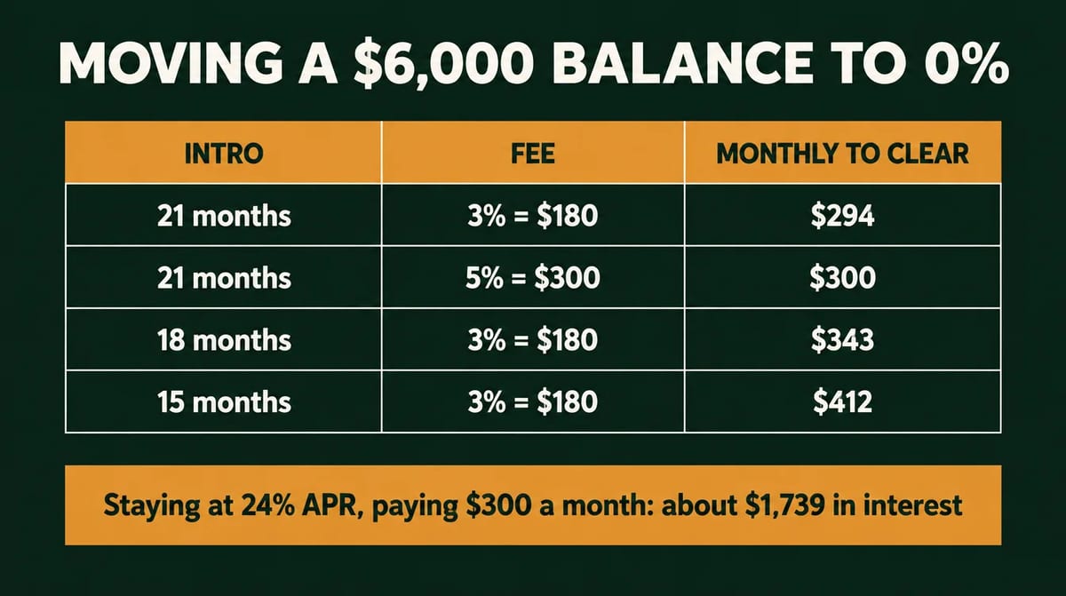 Moving a $6,000 balance to 0%: 21 months with a 3% fee of $180 needs $294 a month; 21 months with a 5% fee of $300 needs $300 a month; 18 months with a 3% fee needs $343 a month; 15 months with a 3% fee needs $412 a month. Staying at 24% APR paying $300 a month costs about $1,739 in interest.