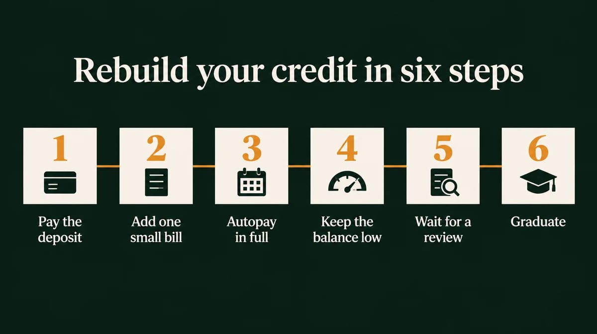 Rebuild your credit in six steps: 1 pay the deposit, 2 add one small bill, 3 autopay in full, 4 keep the balance low, 5 wait for a review, 6 graduate.