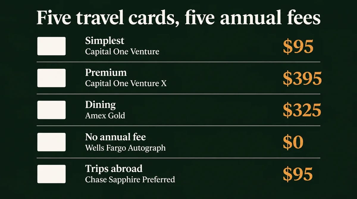 Five travel cards, five annual fees: Simplest, Capital One Venture, $95. Premium, Capital One Venture X, $395. Dining, Amex Gold, $325. No annual fee, Wells Fargo Autograph, $0. Trips abroad, Chase Sapphire Preferred, $95.