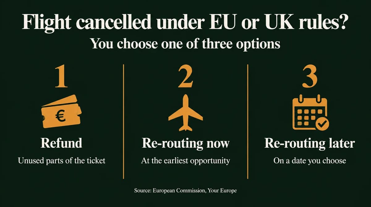 Infographic of the three options after a cancelled flight under EU or UK rules: refund, re-routing now, re-routing later