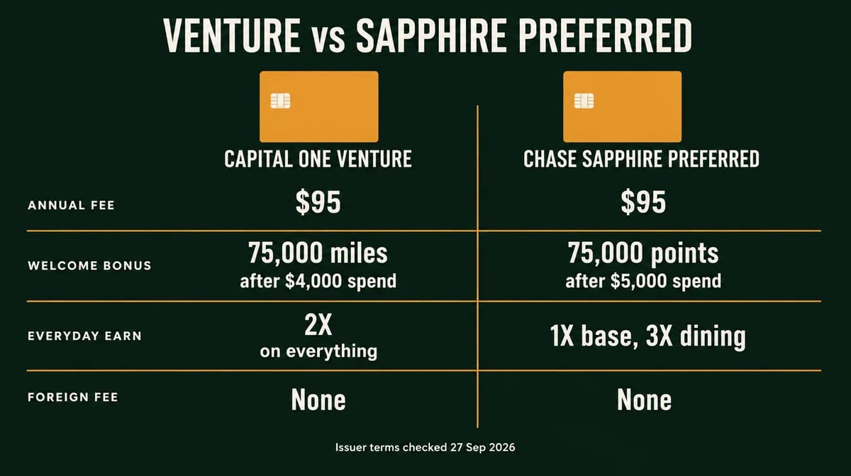 Infographic comparing the Capital One Venture and Chase Sapphire Preferred: both 95 dollar annual fee, 75,000 bonus after 4,000 or 5,000 dollars spend, 2X everyday versus 1X base and 3X dining, no foreign fee on either