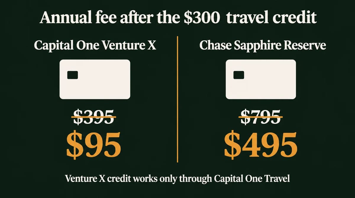 Infographic: annual fee after the $300 travel credit. Capital One Venture X $395 becomes $95; Chase Sapphire Reserve $795 becomes $495. Venture X credit works only through Capital One Travel.