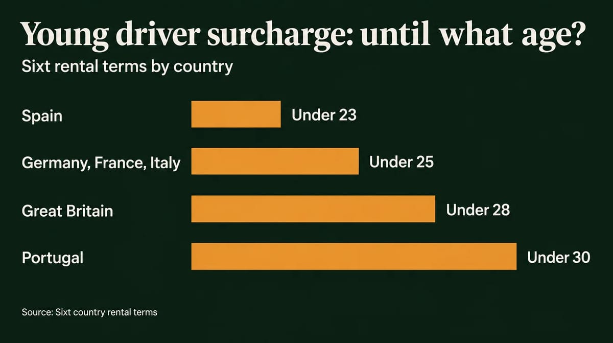 Bar chart of the age until which Sixt charges a young driver surcharge in Spain, Germany, France, Italy, Great Britain and Portugal