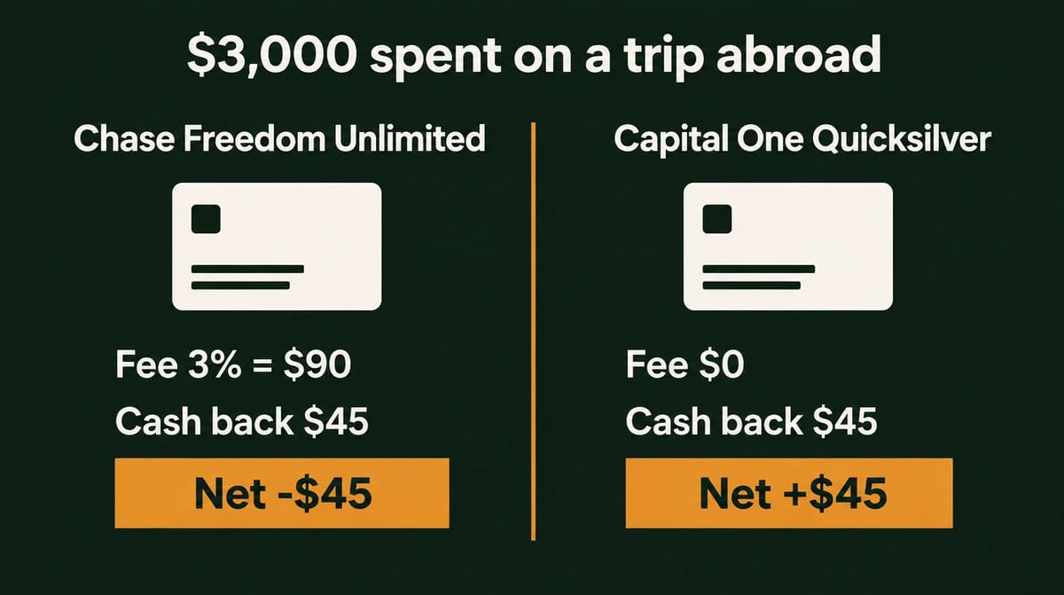 Infographic: $3,000 spent on a trip abroad. Chase Freedom Unlimited fee 3% = $90, cash back $45, net -$45. Capital One Quicksilver fee $0, cash back $45, net +$45.