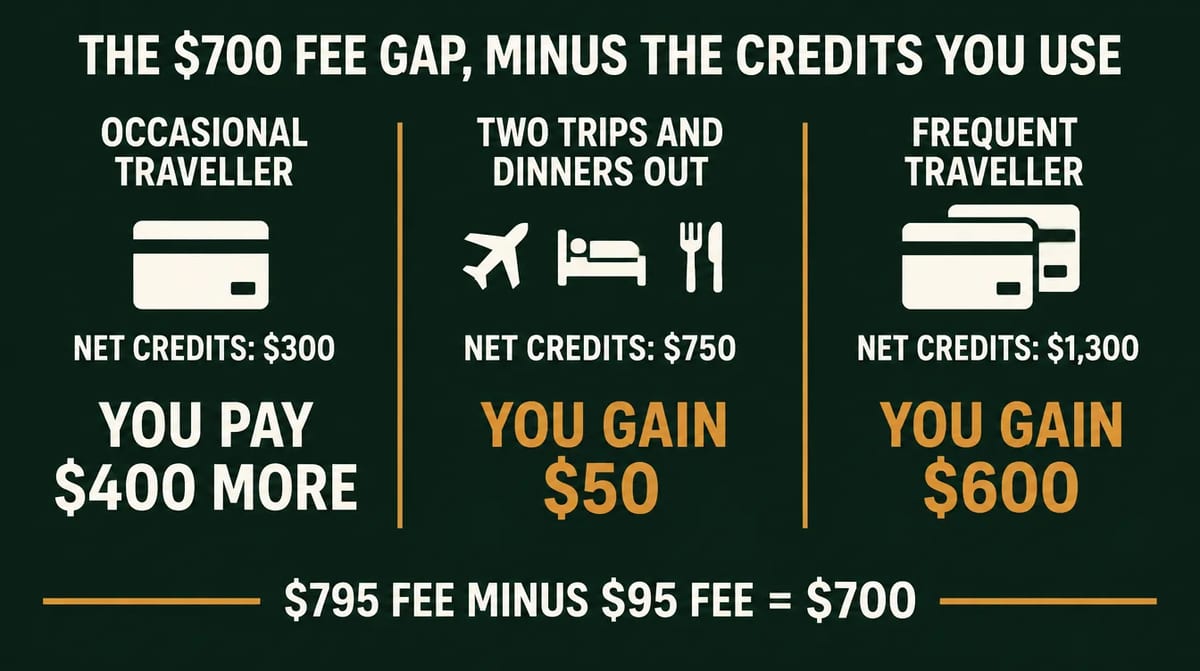 Infographic: the $700 fee gap, minus the credits you use. $795 fee minus $95 fee equals $700. Occasional traveller, net credits $300, pays $400 more. Two trips and dinners out, net credits $750, gains $50. Frequent traveller, net credits $1,300, gains $600.