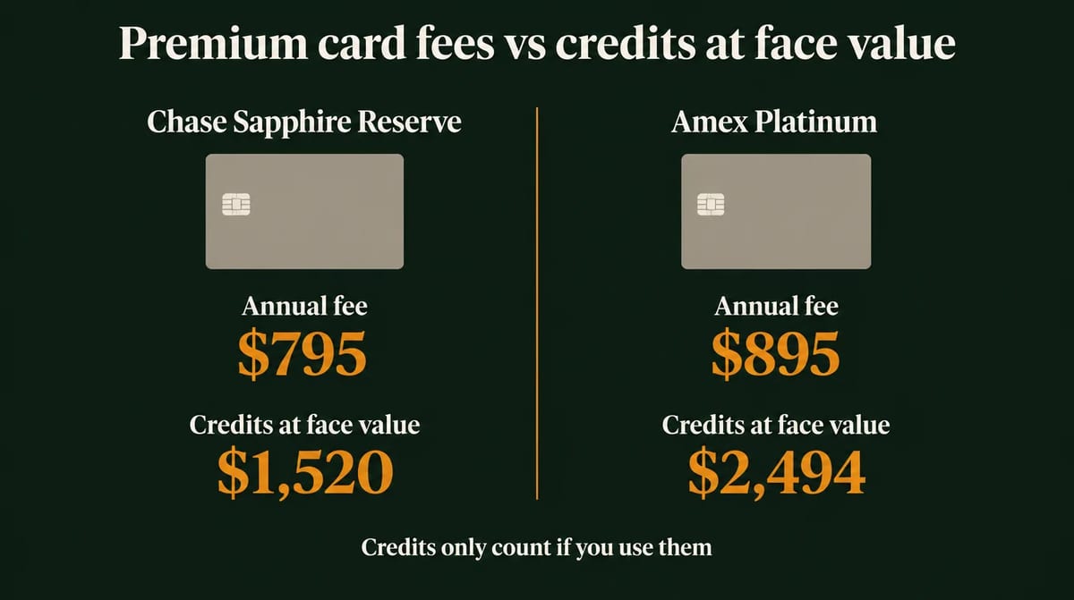 Infographic: Chase Sapphire Reserve annual fee $795, credits at face value $1,520; Amex Platinum annual fee $895, credits at face value $2,494. Credits only count if you use them.