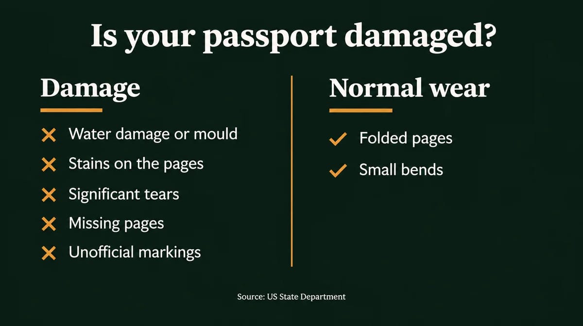 Infographic listing what the US State Department treats as passport damage versus normal wear