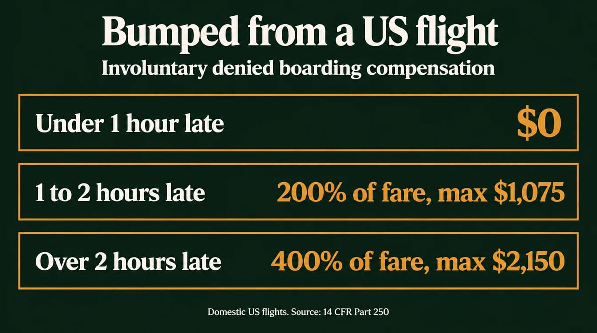 Infographic of US involuntary denied boarding compensation bands for domestic flights