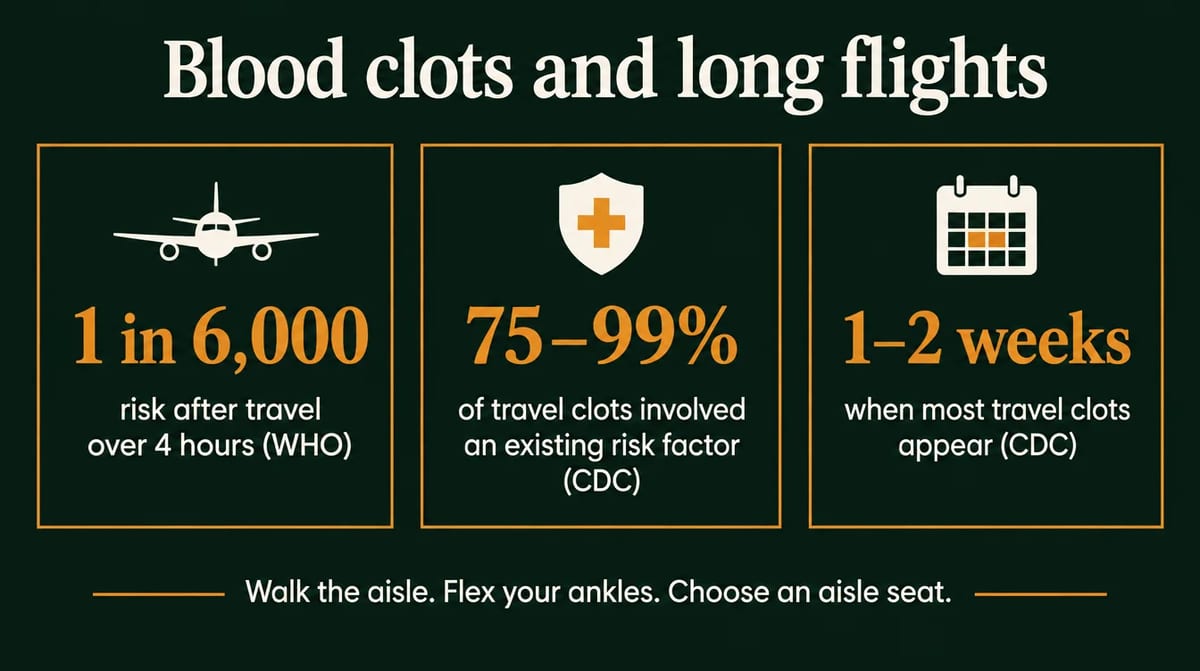 Infographic: Blood clots and long flights. 1 in 6,000: risk after travel over 4 hours (WHO). 75 to 99 percent of travel clots involved an existing risk factor (CDC). 1 to 2 weeks: when most travel clots appear (CDC). Walk the aisle, flex your ankles, choose an aisle seat.
