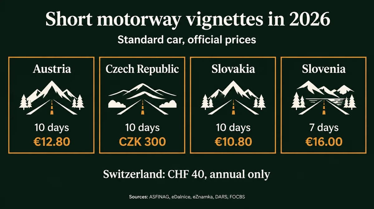 Infographic of 2026 short vignette prices for Austria, the Czech Republic, Slovakia and Slovenia, and the Swiss annual vignette