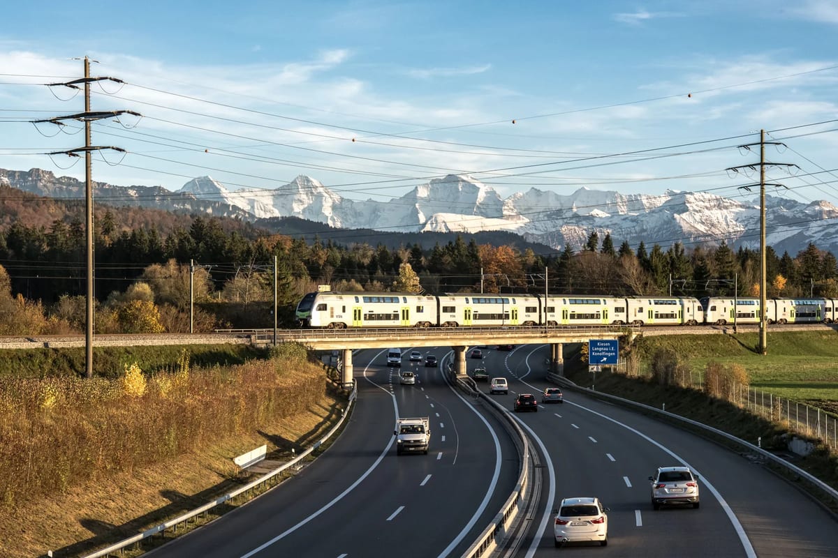 A motorway near Bern, Switzerland, with the Alps behind