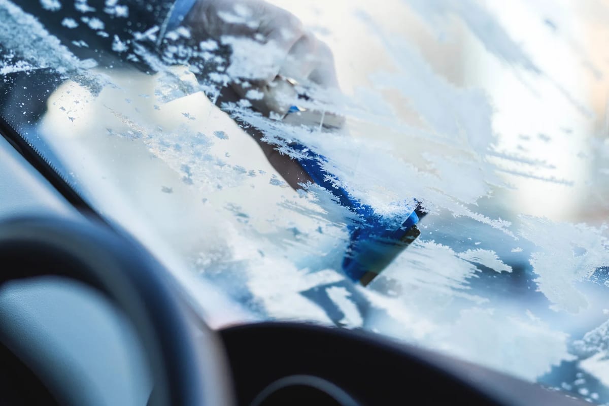 Hand scraping thick ice off the inside view of a car windshield on a cold morning