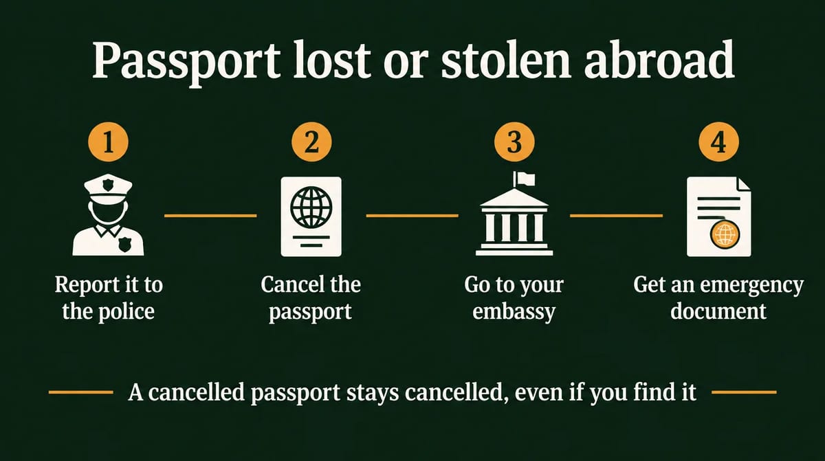 Infographic of four steps after losing a passport abroad: report to police, cancel the passport, go to your embassy, get an emergency document