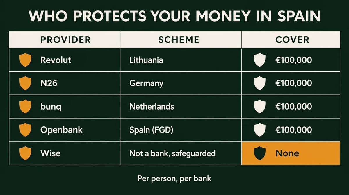 Who protects your money in Spain: Revolut, Lithuanian scheme, €100,000; N26, German scheme, €100,000; bunq, Dutch scheme, €100,000; Openbank, Spain's FGD, €100,000; Wise, not a bank, safeguarded, no deposit guarantee. Per person, per bank.