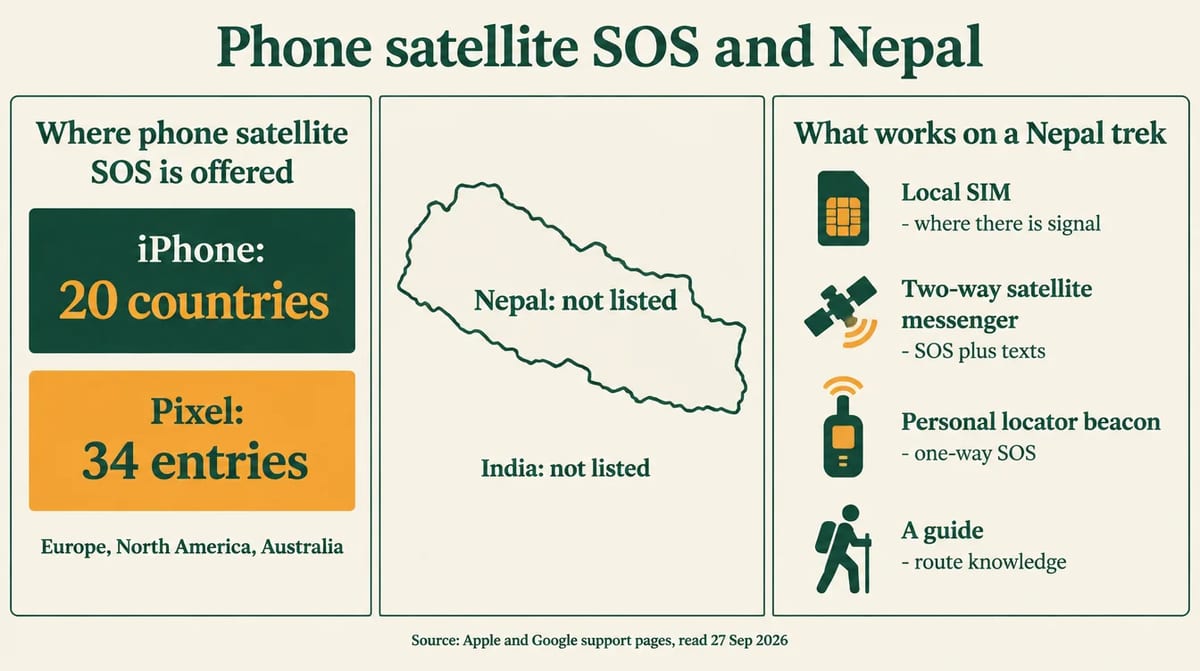 Infographic: iPhone satellite SOS in 20 countries, Pixel in 34 entries, Nepal and India not listed, and what works on a Nepal trek instead