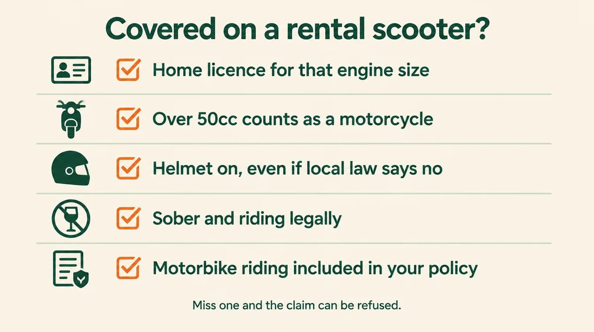 Checklist infographic of five conditions for travel insurance cover on a rental scooter
