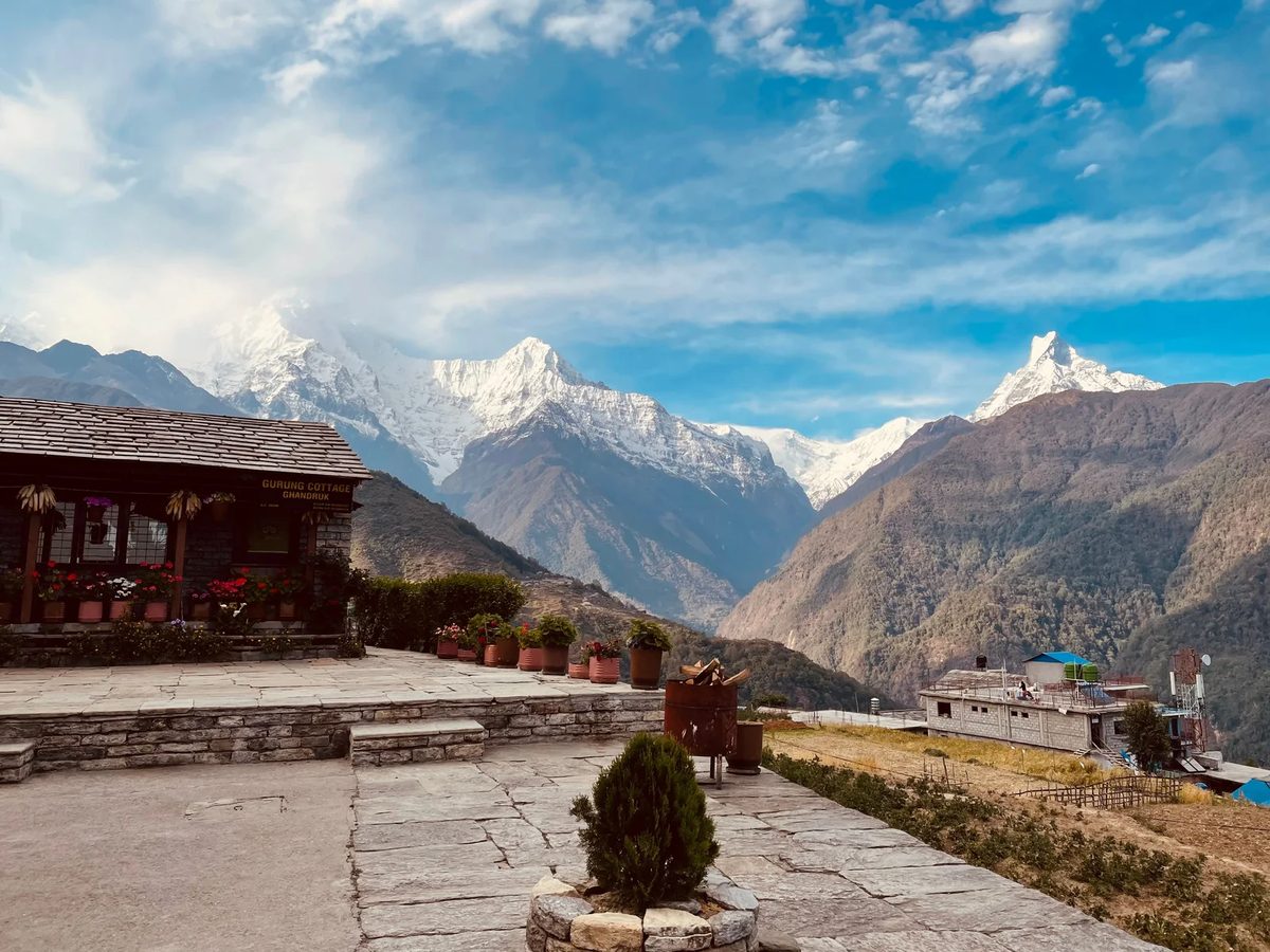 Mountain lodge with a view of the Himalaya