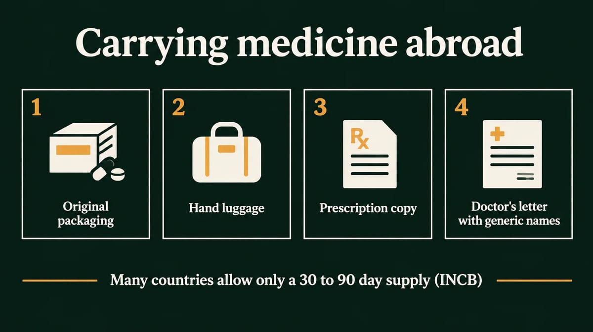 Infographic: Carrying medicine abroad. 1 Original packaging. 2 Hand luggage. 3 Prescription copy. 4 Doctor's letter with generic names. Many countries allow only a 30 to 90 day supply (INCB).
