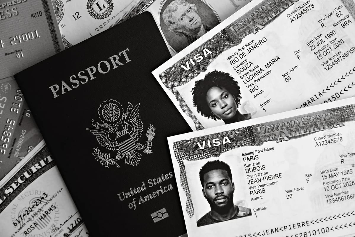 A passport with visa stamps and currency