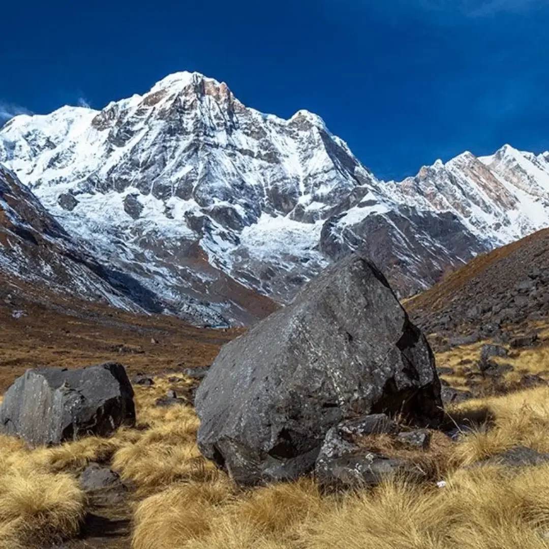 Trekkers on the high Annapurna Circuit trail in autumn with snow peaks behind