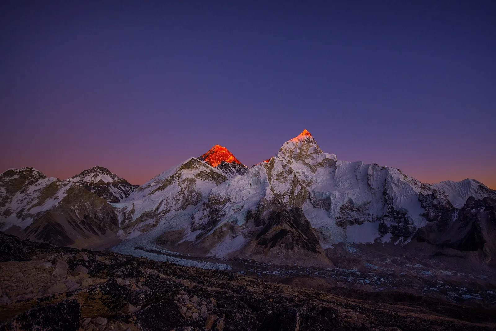 The Everest summit pyramid above the Khumbu, Nepal