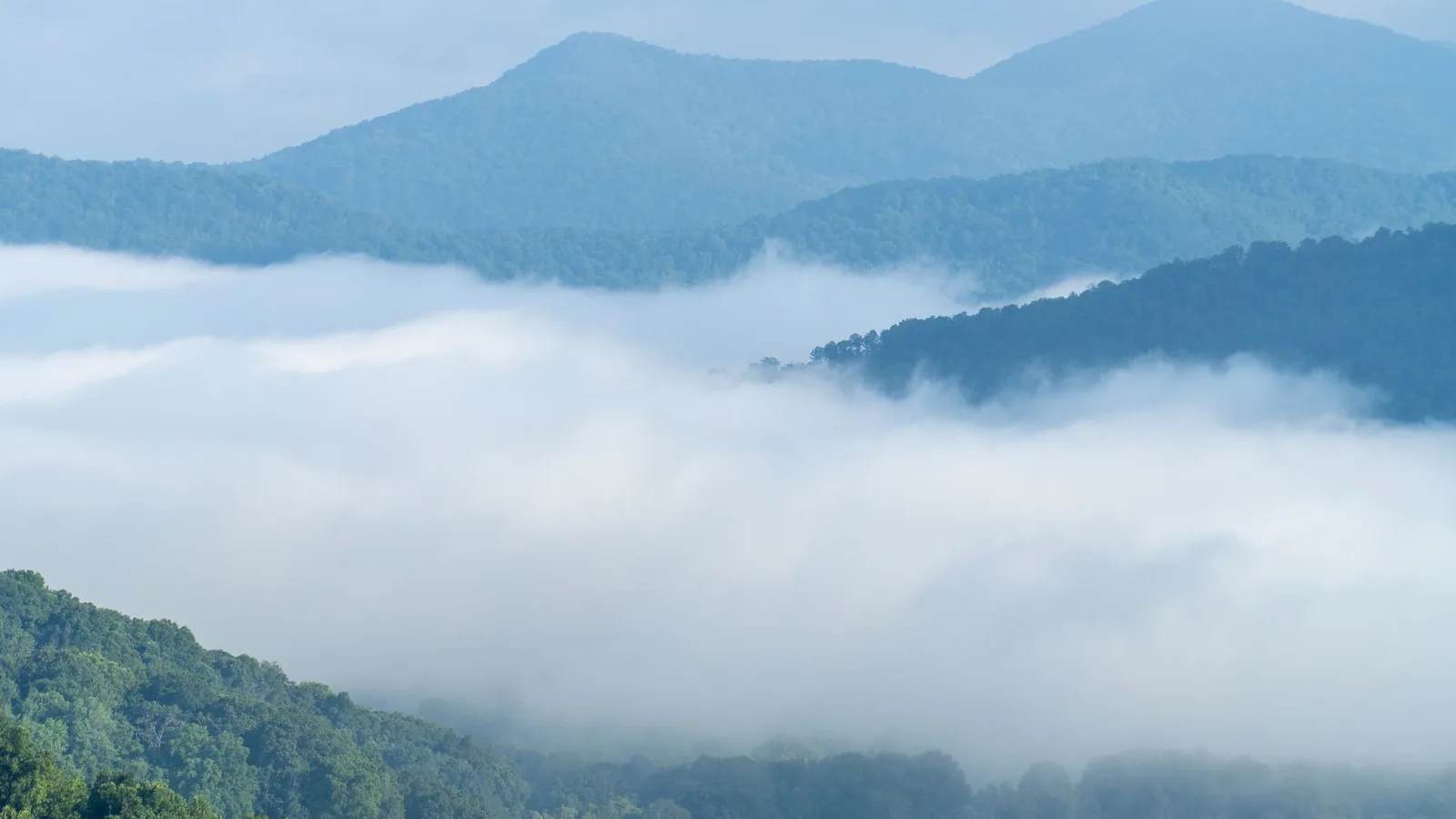 Misty ridges receding into haze in the southern Appalachians