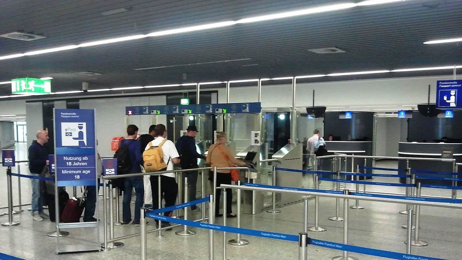 Automated EasyPASS passport gates in a German airport border-control area