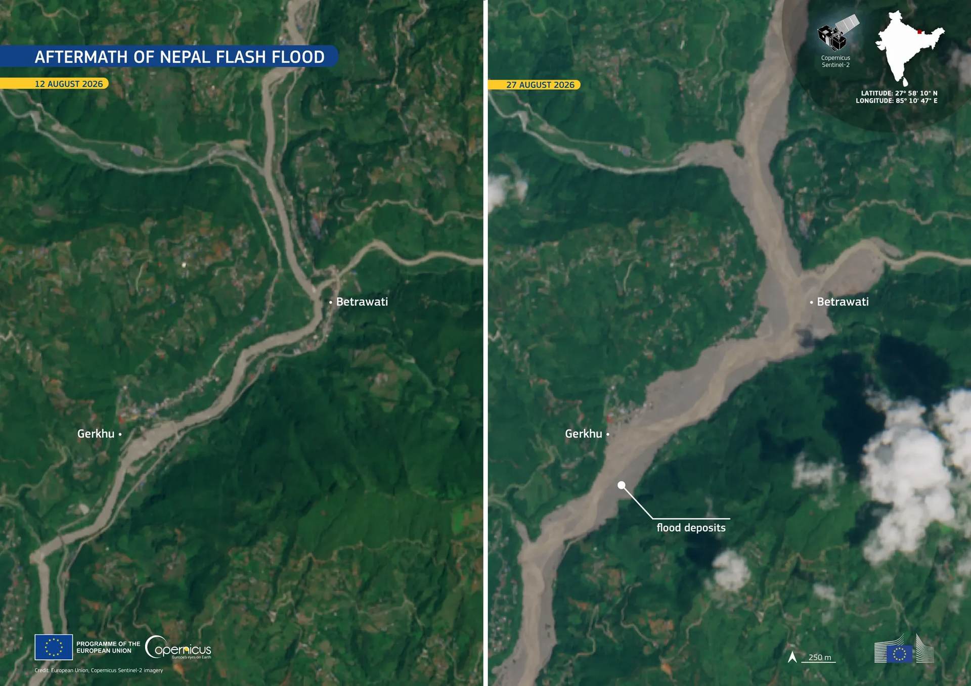 Copernicus Sentinel-2 satellite comparison of Betrawati and Gerkhu on the Trishuli river, 12 August 2026 before the flood and 27 August 2026 after it, showing the channel widened and buried under pale flood deposits. Credit: European Union, Copernicus Sentinel-2 imagery.