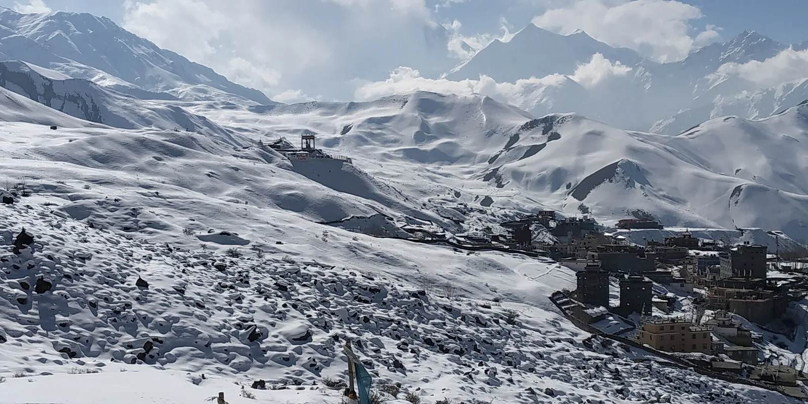 A snowy winter trekking trail in the Nepal Himalaya